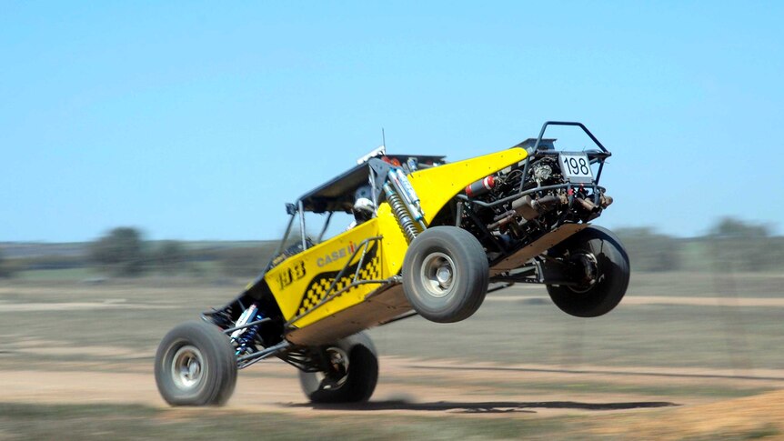 A car lands during a 4X4 Western Desert Racers six hour endurance race.