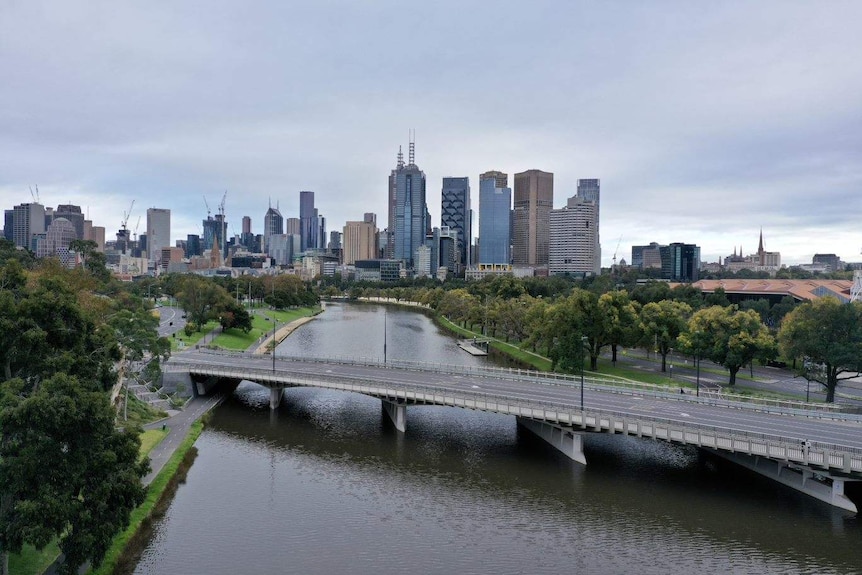 An aerial image of Melbourne's Yarra River and empty Swan Street bridge.