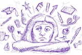 Illustration of teacher resting her chin on hands with many things on her mind depicting the stress and the need for self care.