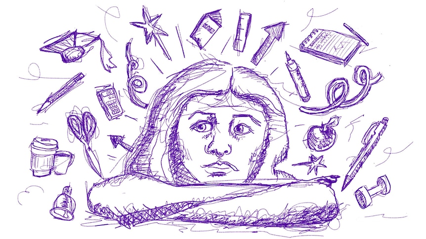 Illustration of teacher resting her chin on hands with many things on her mind depicting the stress and the need for self care.