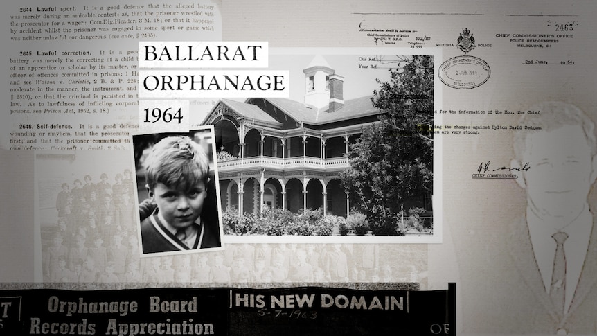 A composite image with black and white photos of buildings, newspaper clippings and a young boy.