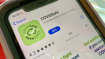 A photo of a smartphone with the app store open to the COVIDSafe app.