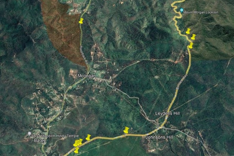 A satellite image showing the locations of numerous fires along a highway in Queensland.