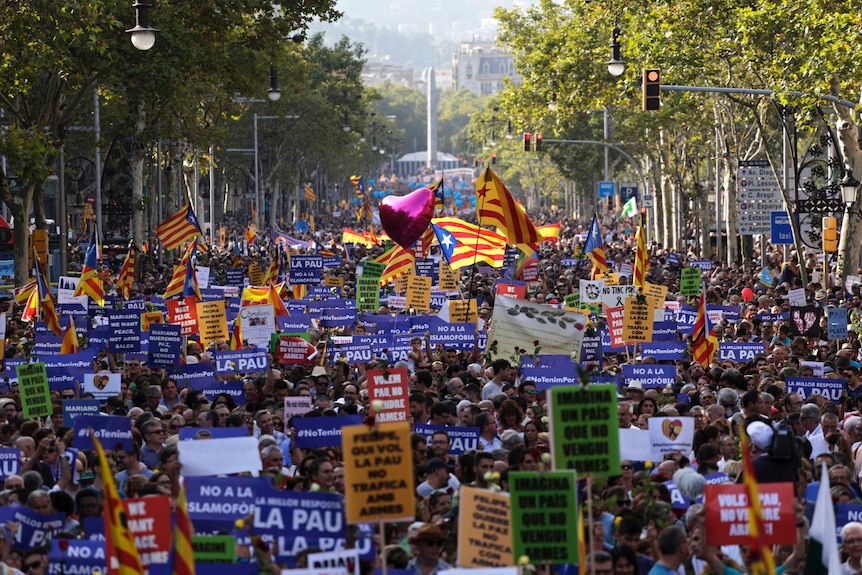 Thousands of people marching down a wide street holding flags, protest banners and balloons