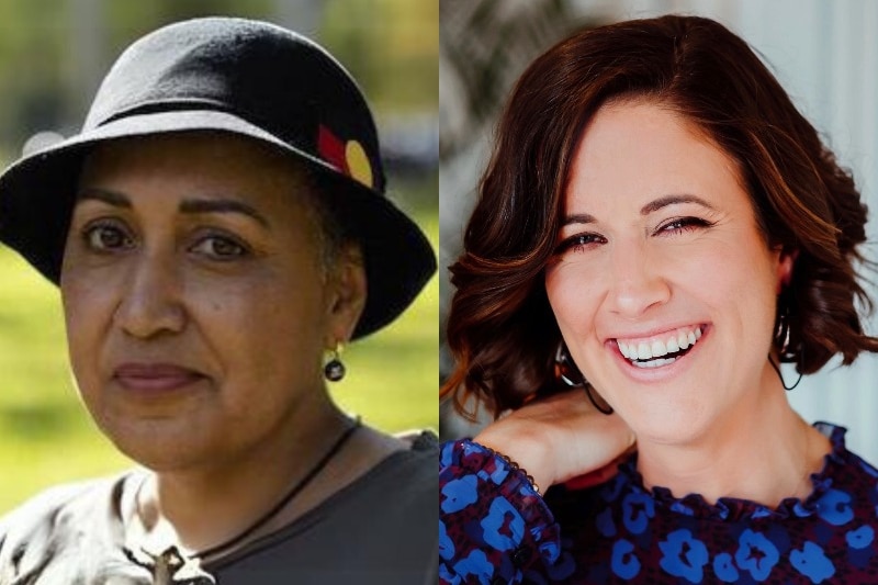 A composite image of an Aboriginal woman wearing a black hat and a white woman with brown hair