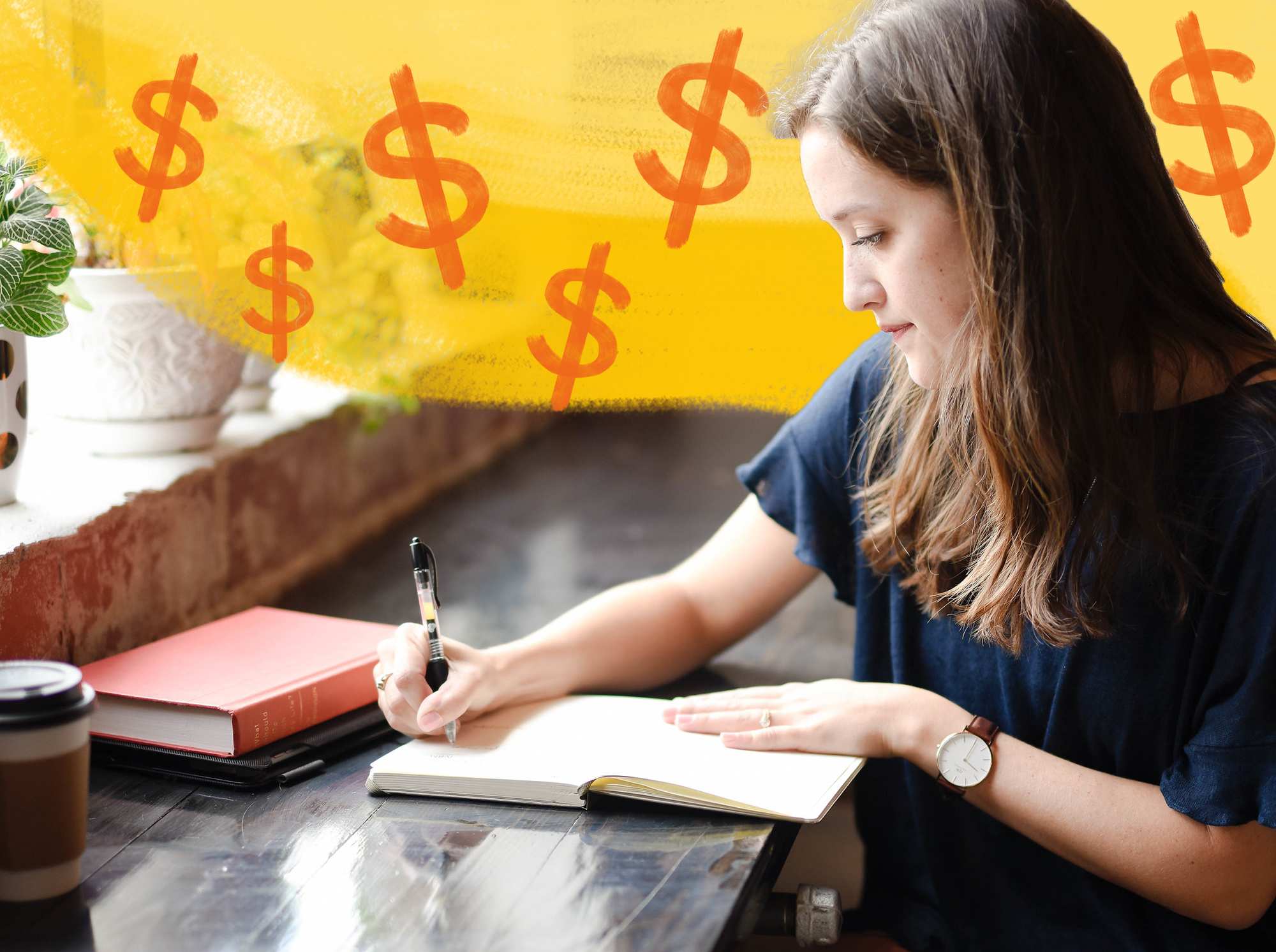 Woman sitting at a cafe table with plants and journalling in a notebook, with illustrated money signs floating around her.