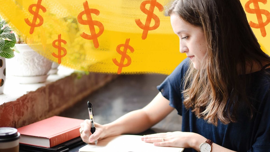 Woman sitting at a cafe table with plants and journalling in a notebook, with illustrated money signs floating around her.