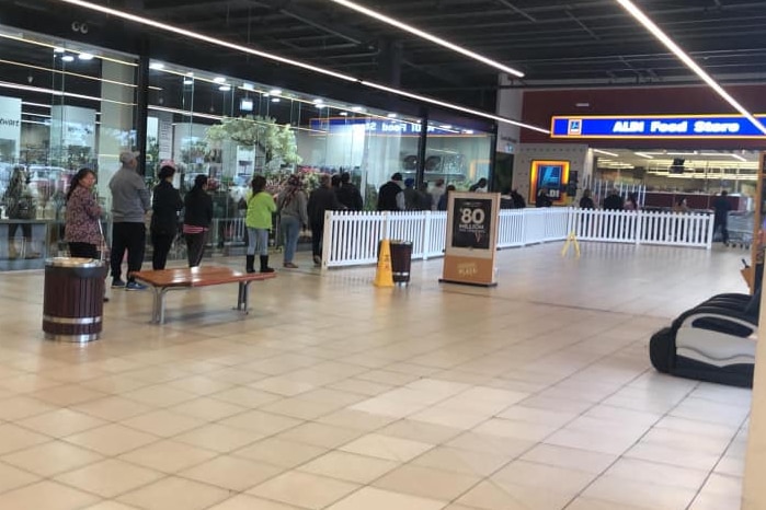 A line of shoppers line up outside Aldi in a shopping centre.