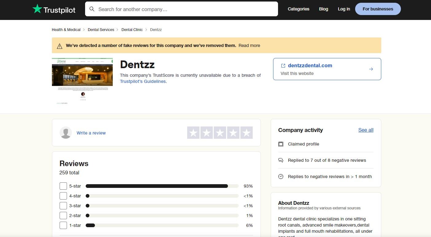 Trustpilot screenshot of the Dentzz profile page.