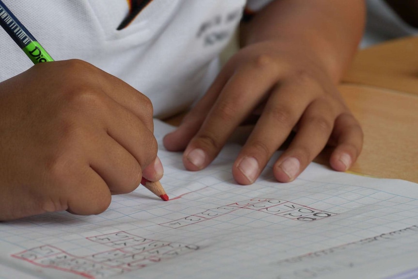 An unidentified boy writes in a notebook with a red pencil.