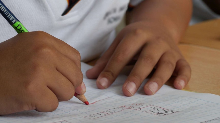 An unidentified boy writes in a notebook with a red pencil.