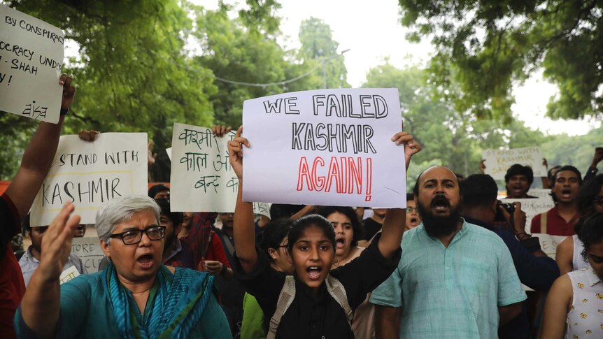 A crowd of people under a verdant tree canopy, with one person holding a sign that reads 'We failed Kashmir again'.