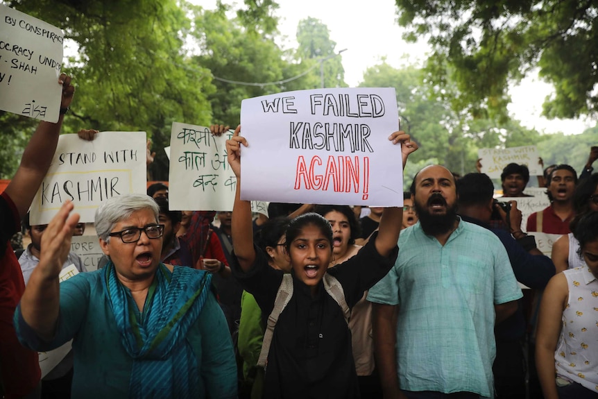 A crowd of people under a verdant tree canopy, with one person holding a sign that reads 'We failed Kashmir again'.