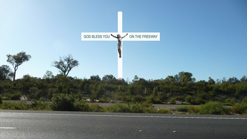 Artist's impression of giant crucifix proposed for the Kwinana Freeway at Stake Hill in WA