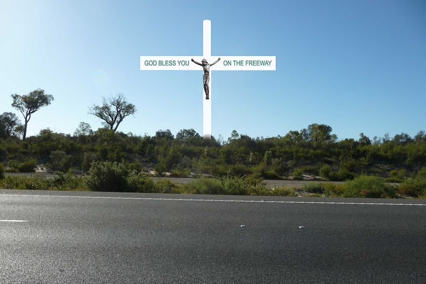 Artist's impression of giant crucifix proposed for the Kwinana Freeway at Stake Hill in WA