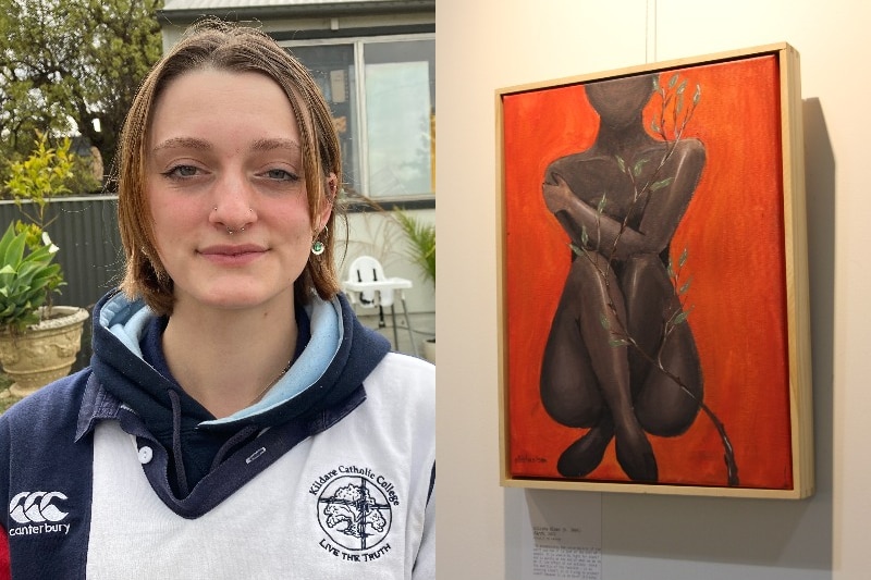 A composite of teenaged girl, and a painting in a gallery of a woman with black skin on an orange background with a tree branch.
