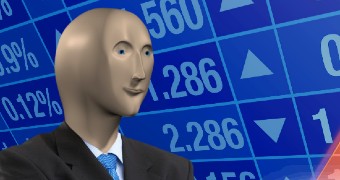 The stonks meme image showing Meme Man in a suit in front of a board of numbers and an upward arrow