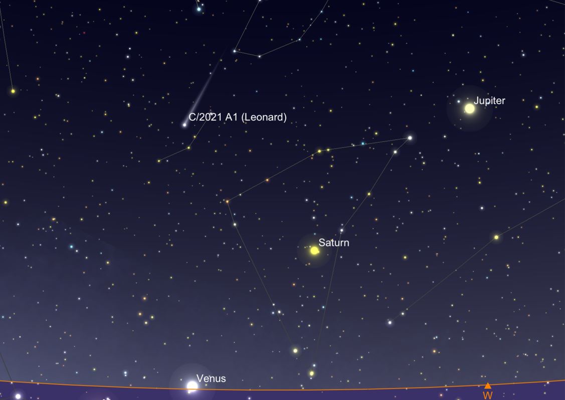 Map showing position of Comet Leonard, Venus, Saturn and Jupiter