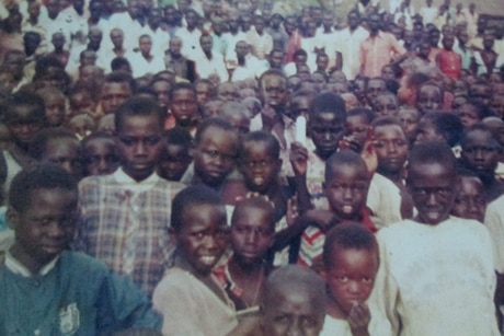 A crowd of children at refugee camp in Uganda.