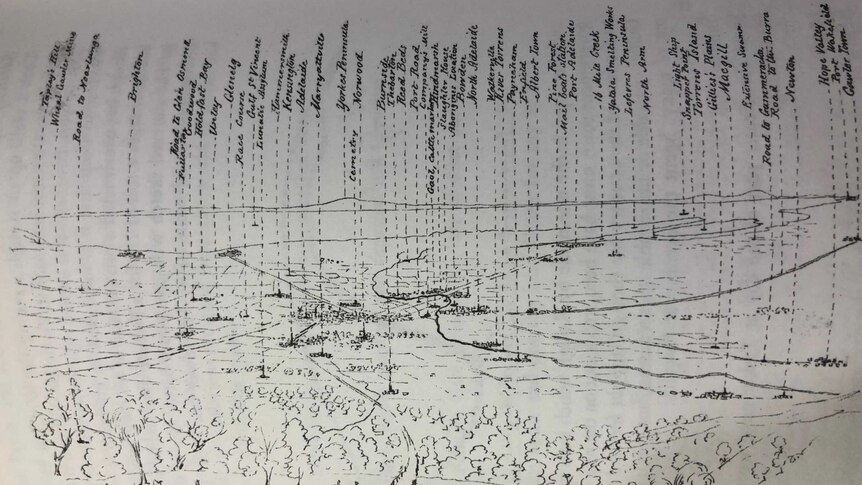 A drawing by Edward Snell of places on the Adelaide plains