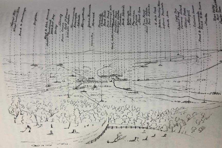 A drawing by Edward Snell of places on the Adelaide plains