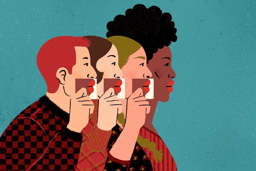 Colourful illustration of four people with varying skin tones holding pictures of large lips up against their own lips.