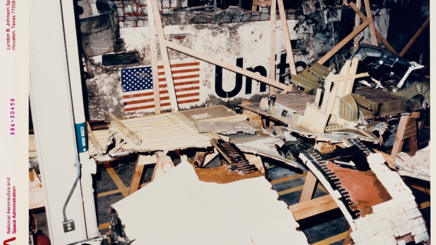 NASA Archival image of the wreckage of the challenger explosion. 
