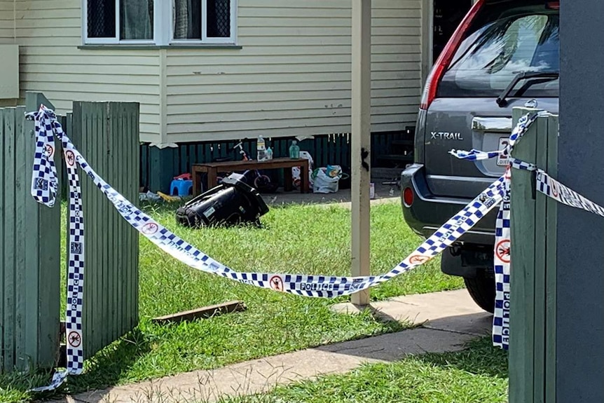 Police tape across a driveway of a house at Zillmere on Brisbane's north.