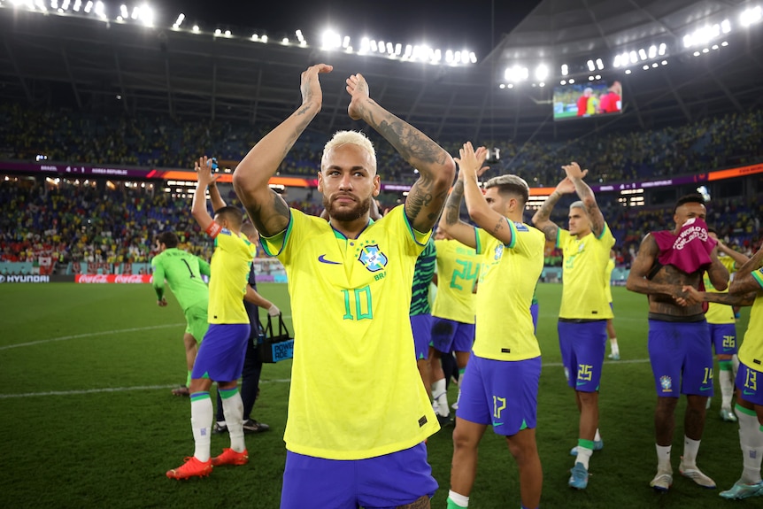 Neymar and Brazil teammates applaud fans after beating South Korea at the Qatar FIFA World Cup.