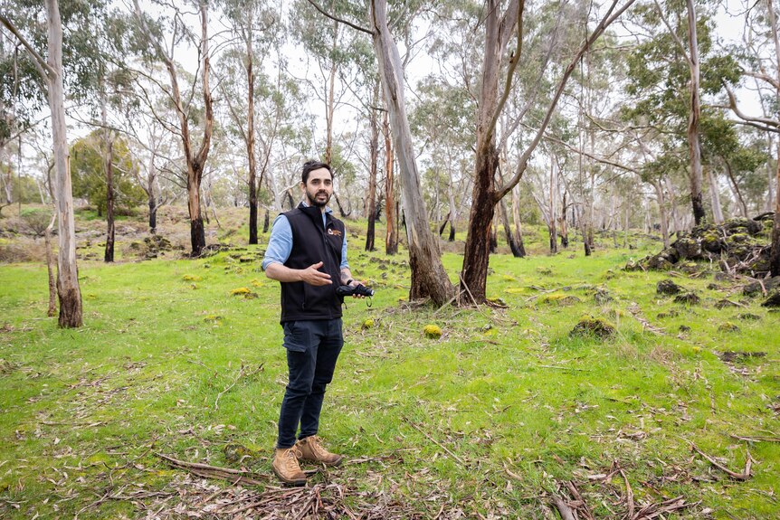 Young Indigenous man stands in bushland. 