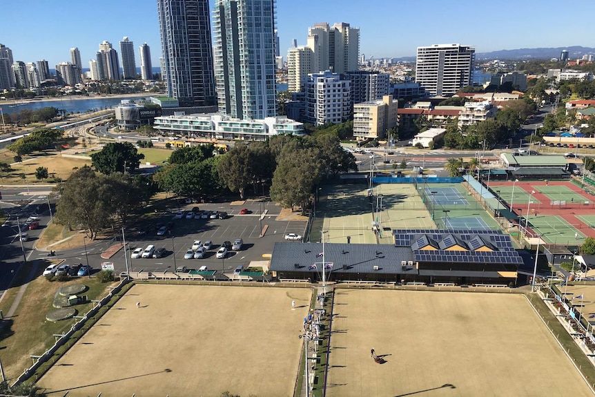 Looking down on Southport Bowls Club and neighbouring tennis courts