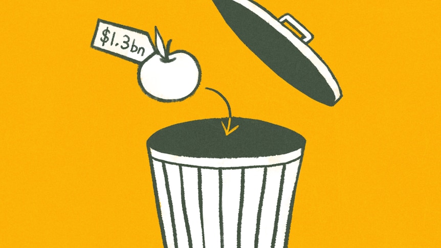 An illustration showing a tomato with a $1.3 billion price tag thrown in the bin