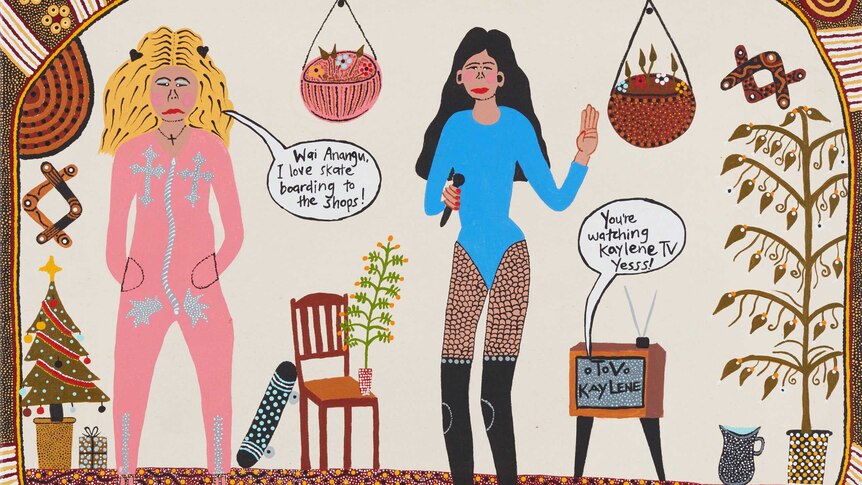 The painting shows two women in diva outfits with a microphone between a Christmas tree and a TV, boomerangs on the wall.
