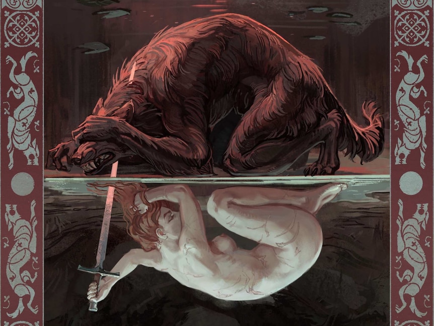 An artwork of a wolf covering its face while being stabbed from below by a naked woman.