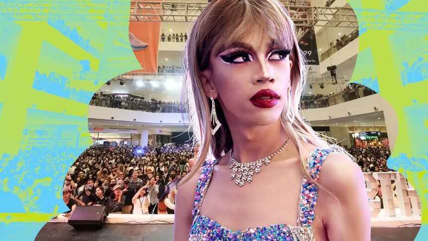 A compilation image of Taylor Sheesh in drag - complete with a glittery bodysuit and a wig - and the huge crowds she draws.