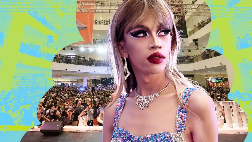 A compilation image of Taylor Sheesh in drag - complete with a glittery bodysuit and a wig - and the huge crowds she draws.