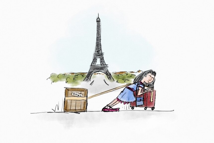 An illustration of a woman carting a box of books around Europe.