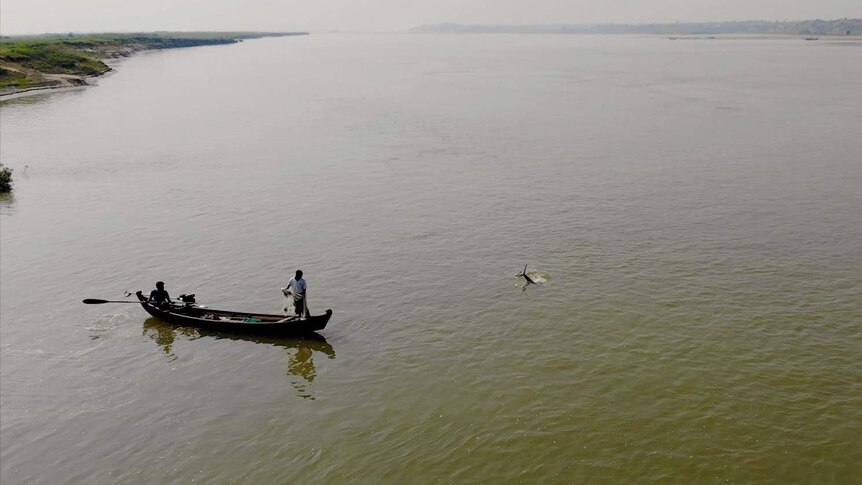 A dolphin waves its tail at some fisherman.