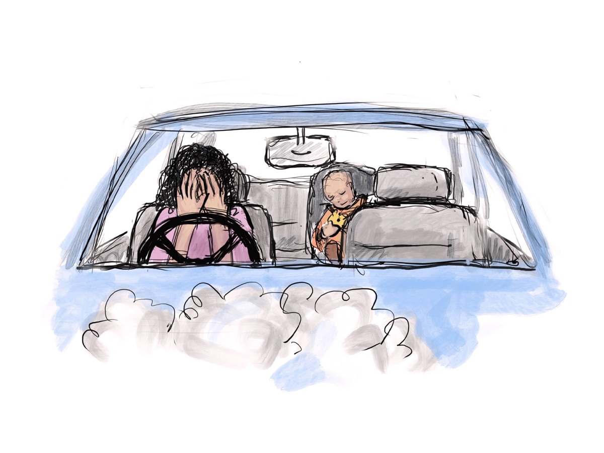 Drawing of mother with head in hands at the steering wheel of a crashed car with baby in the back