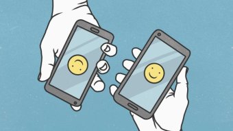 Illustration of two smartphones with smiley faces