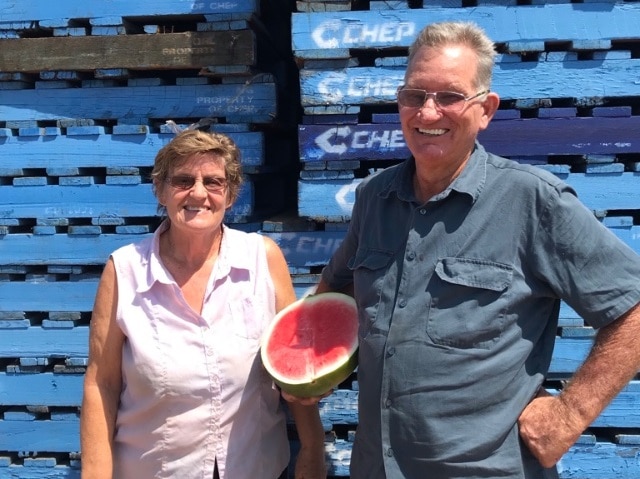 A couple stand in front of pallets holding a watermelon