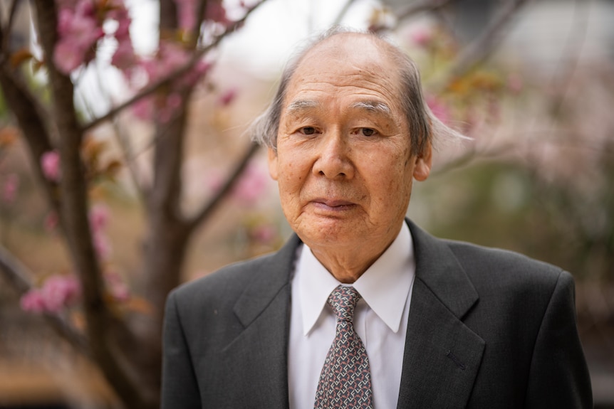 An older Japanese man looking pensive while standing in front of blooming cherry blossoms
