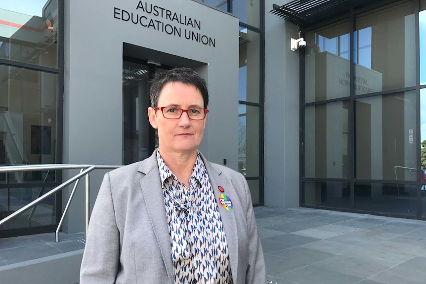 Australian Education Union Victorian president Meredith Peace outside the union's office