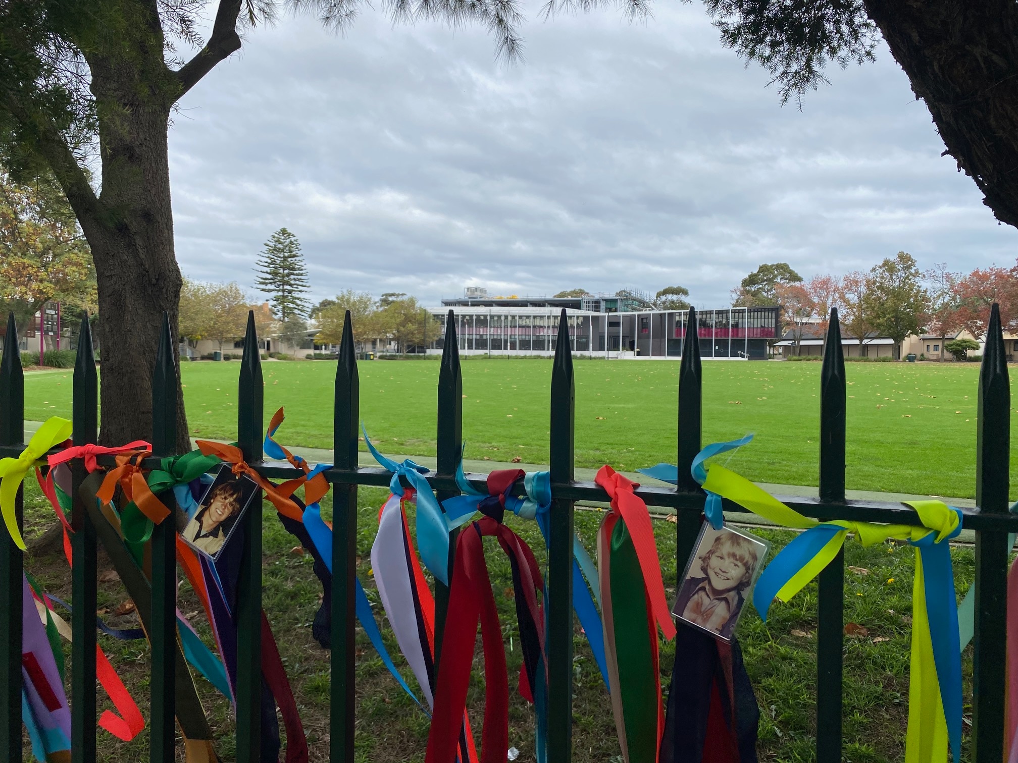 Ribbons tied to a fence with an oval in the background.