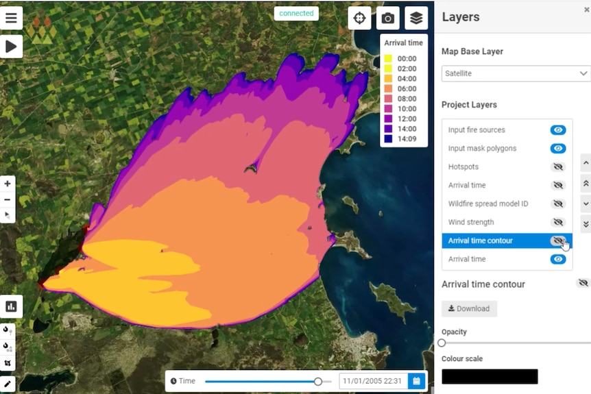 A computer graphic image showing coloured zones on a map representing the forecast spread of a bushfire.
