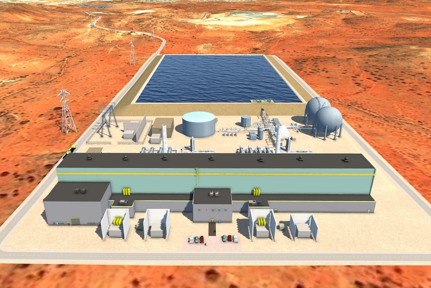 A computer-generated image of an industrial site in the outback.