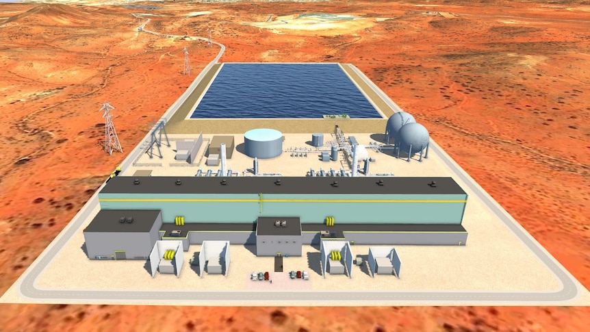 A computer-generated image of an industrial site in the outback.