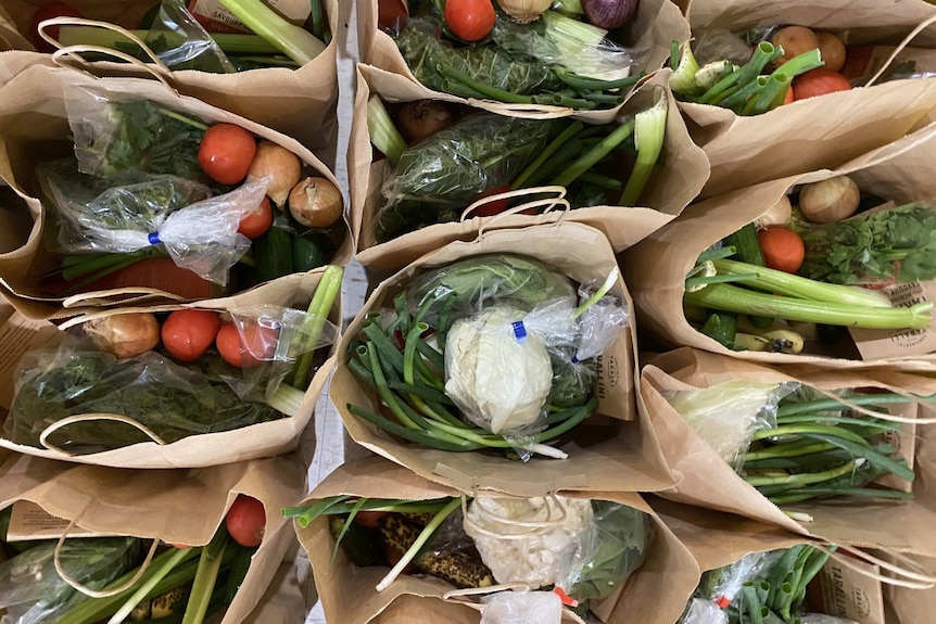 Paper bags filled with vegetables. 