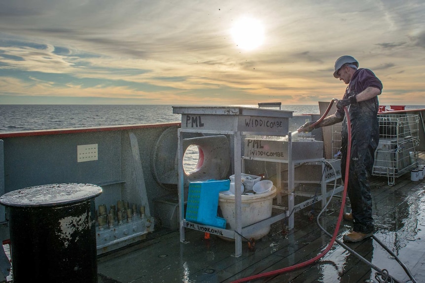 man on ship washes equipment