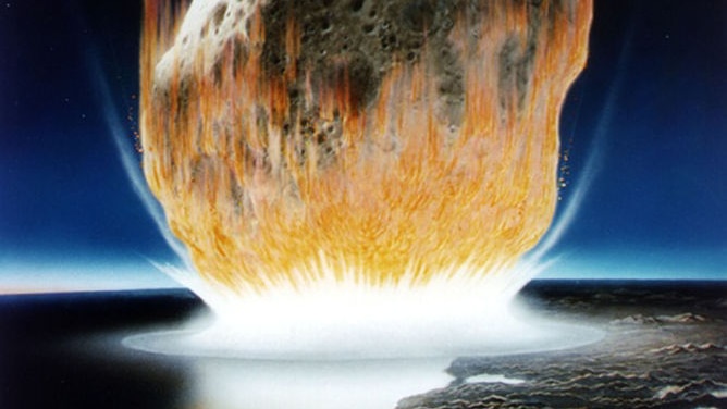 An artist's conception of an asteroid crashing into Earth